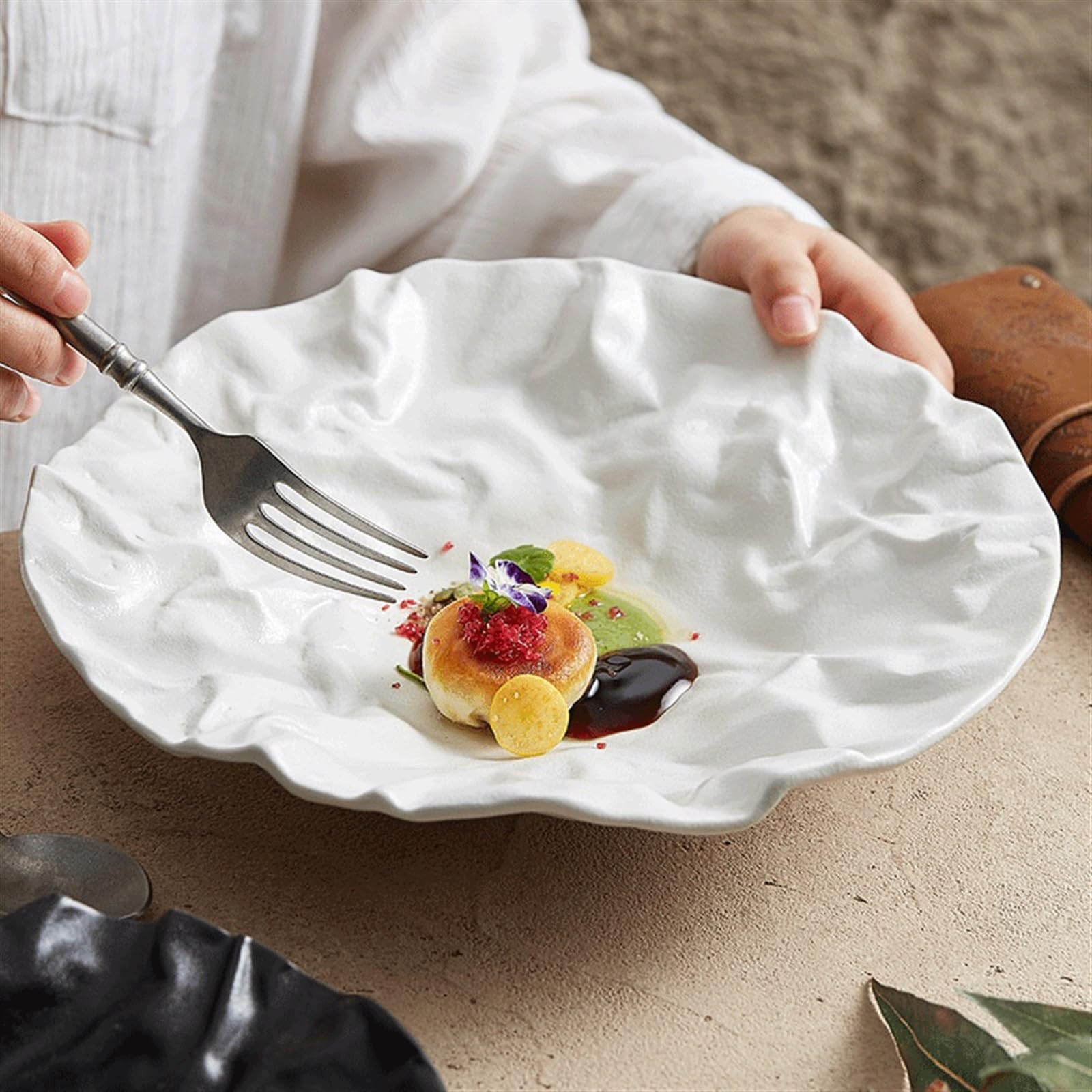 Platos Llanos Platos hondos Plegables de cerámica, vajilla de Color sólido, Plato de Fruta, Plato de Ensalada, vajilla de Calidad de cerámica for el hogar Platos Postre(Negro,9inch)