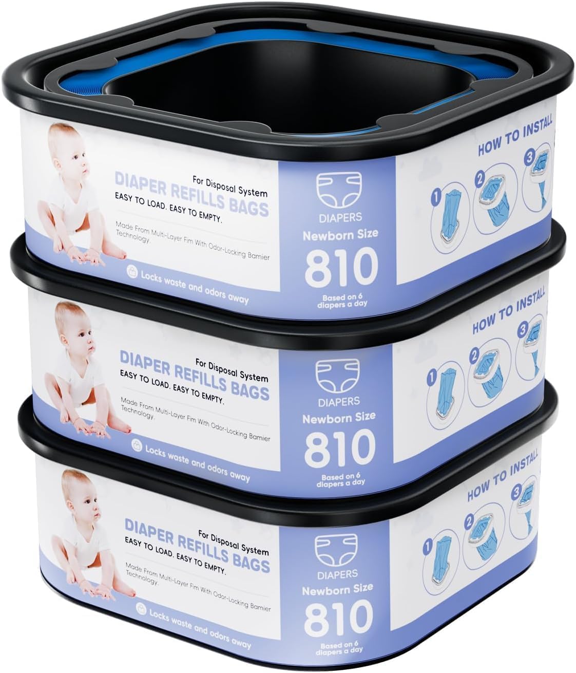 3 pack square refill bags compatible with Gen.ie Compact, Select diapers (not suitable for regular version buckets), holds up to 810 newborn sized diapers per-image-25