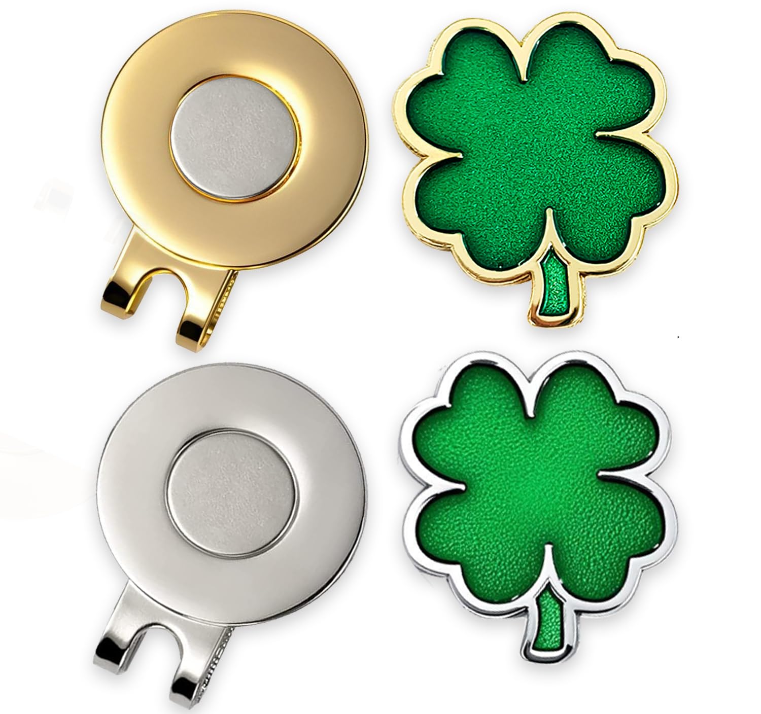 Adhere Golf ball Markers Soft Enamel golf ball markers with strong Magnetic Hat Clip, A Premium Golf Gifts for Golfer (Gold+Silver Four-Leaf Clover)