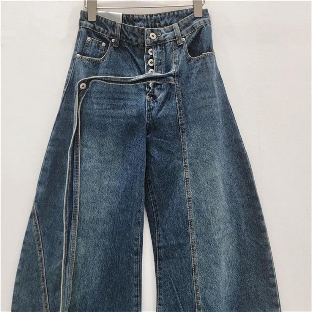 Women's High Waist Wide Leg Jeans with Decorative Buttons and Ribbon Ties Curved Hem Detail Denim Trousers