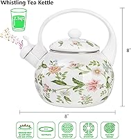 Vista 2 de Jucoan Tetera esmaltada vintage de 2.3 cuartos, tetera silbante para estufa, tetera esmaltada floral sobre acero para el hogar, cocina, campamento