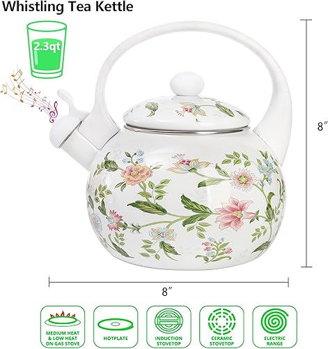 Miniatura 2 de Jucoan Tetera esmaltada vintage de 2.3 cuartos de galón, tetera silbante para estufa, tetera esmaltada floral sobre acero para el hogar, cocina,