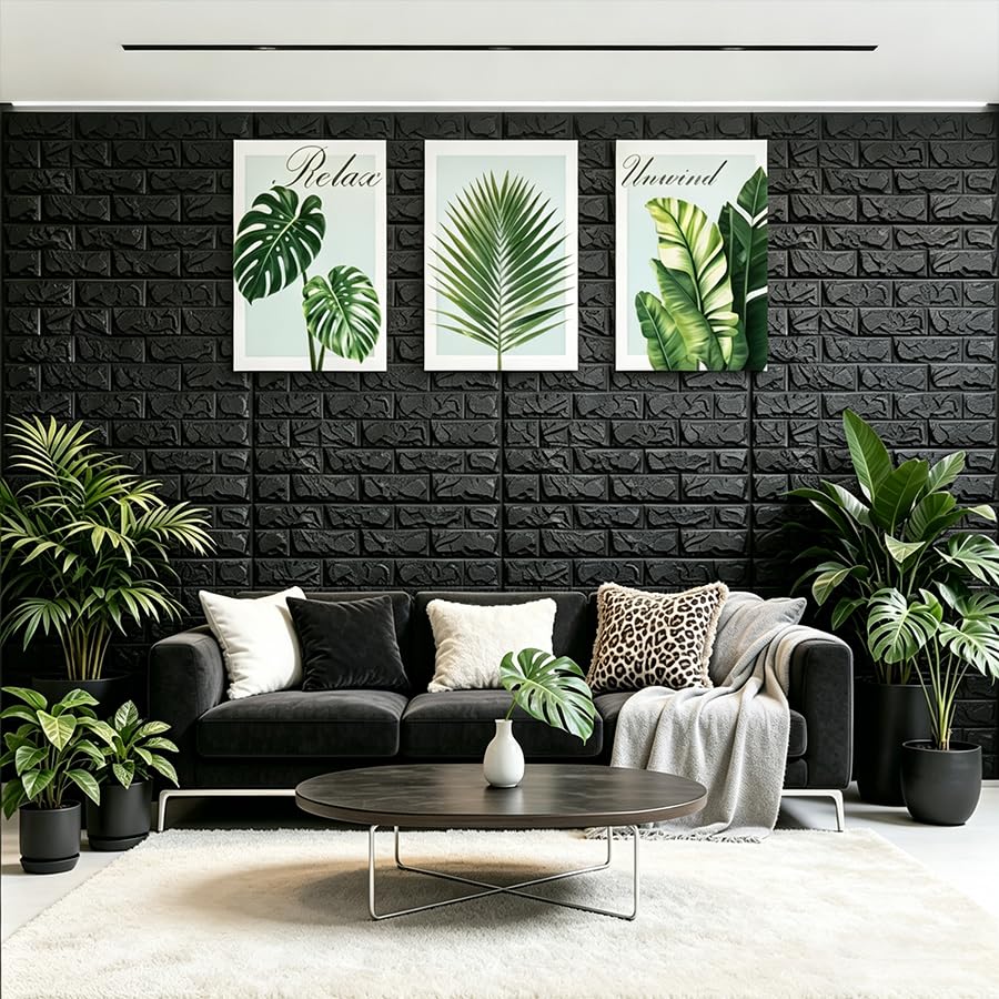 Paneles de pared de espuma 3D autoadhesivos extraíbles, revestimiento de piedra sintética negra 7