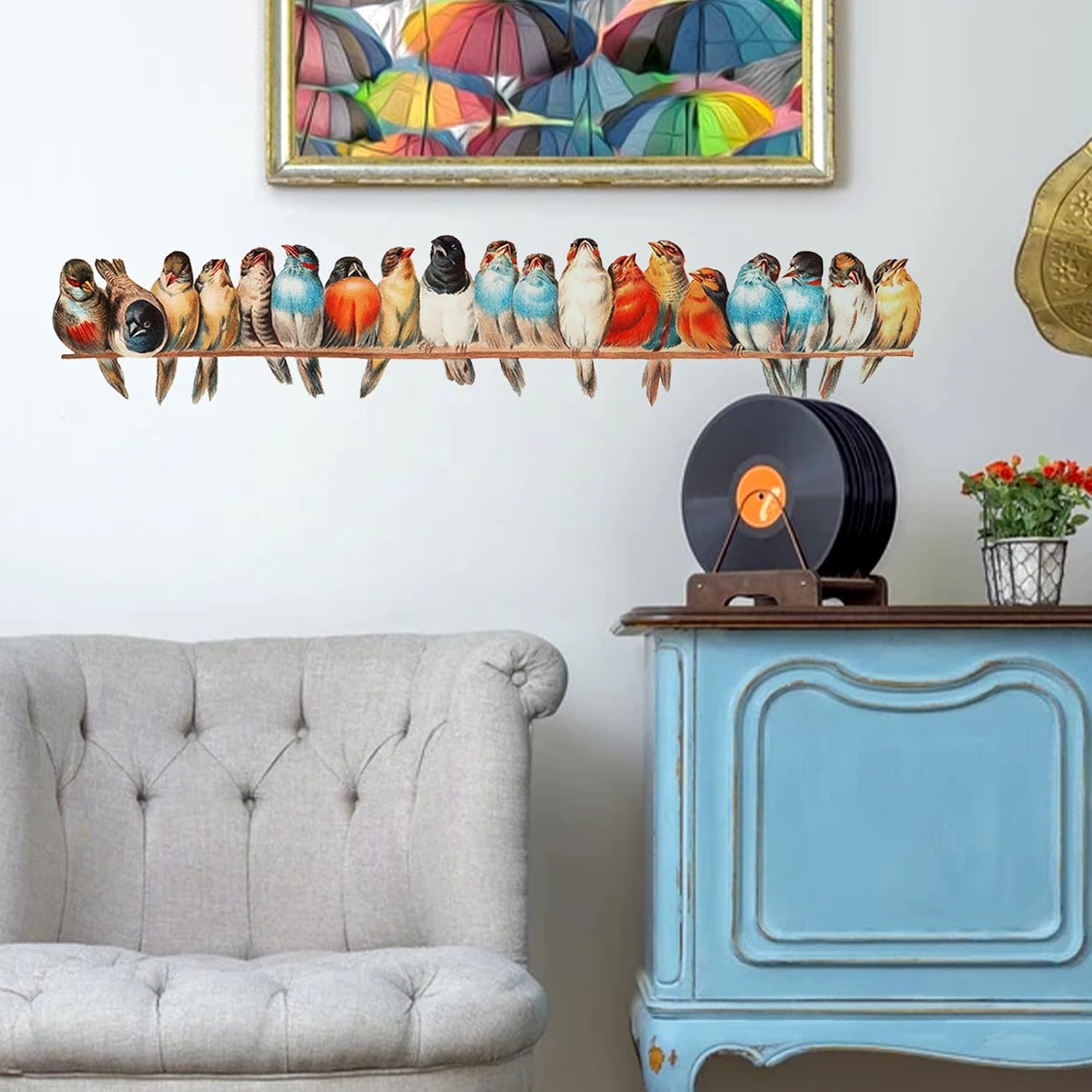 Watercolor Bird On Wire Wall Decals, Removable Creative Bird Wall Stickers, Lifelike Lovely Birds Decor, DIY Vinyl Art Murals for Boys Girls Kids Bedroom Living Room Nursery Decoration (Large)