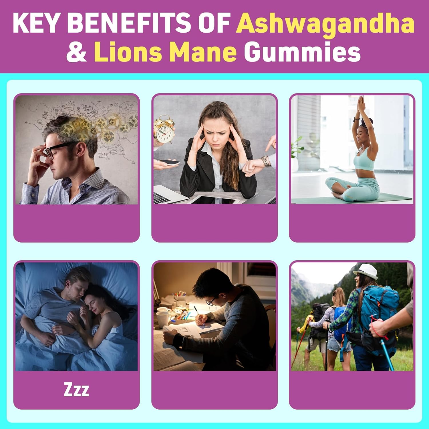 Organic Ashwagandha Gummies & Lions Mane Gummies with 4 Adaptogens| Cortisol Supplements for Women & Men| Berry Flavor, 180 Counts