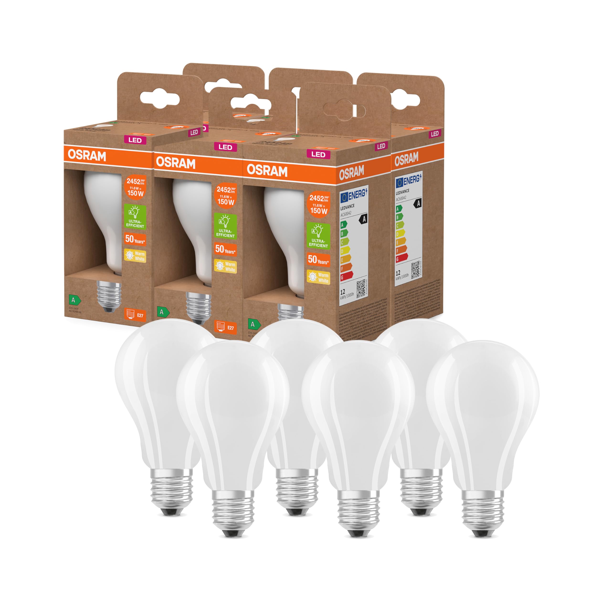 Osram LED-Lampe in klassischer Minikerzenform, mit dekorativem LED-Filament, Energieeffizienzklasse A, E14, 1.2 W, 255 lm, 2700 K, warmweiß. Ohne Aufwärmen, 6-Pack, White