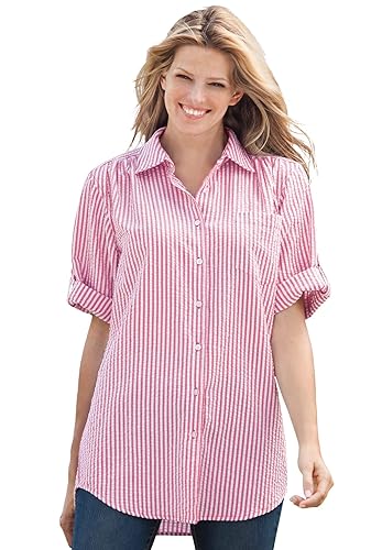 Woman Within Plus Size Short-Sleeve Button Down Seersucker Shirt