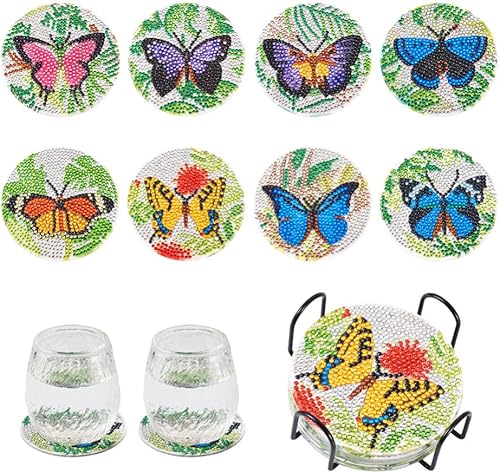 Craftdady 8 posavasos de arte de diamantes de mariposa 5D para pintar con diamantes, posavasos de pintura de diamantes con soporte, posavasos