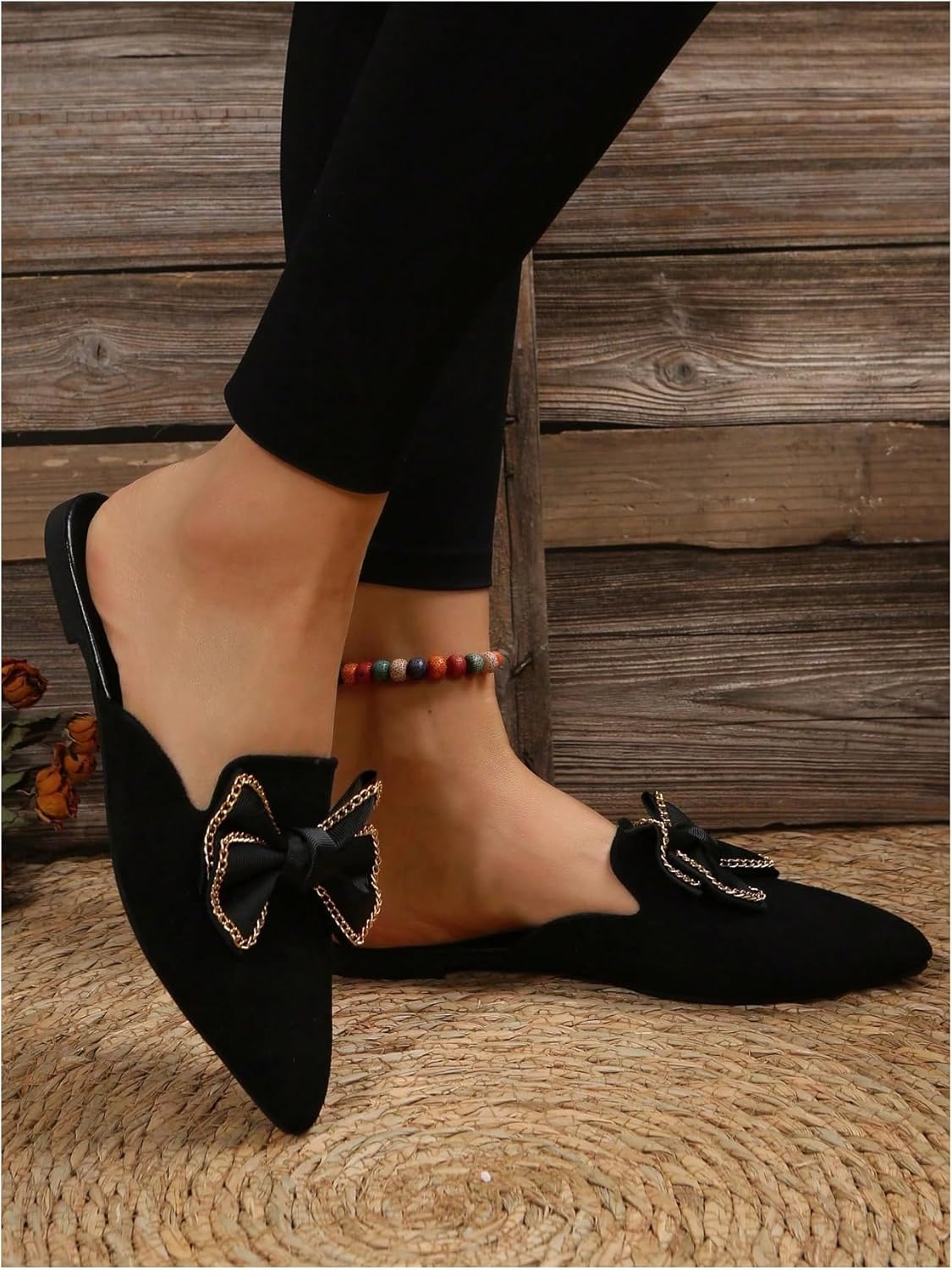 Verdusa Mules for Women Bow Dressy Pointed Toe Flat Shoes Backless Loafers Slide Sandals Casual Slides Work Shoes