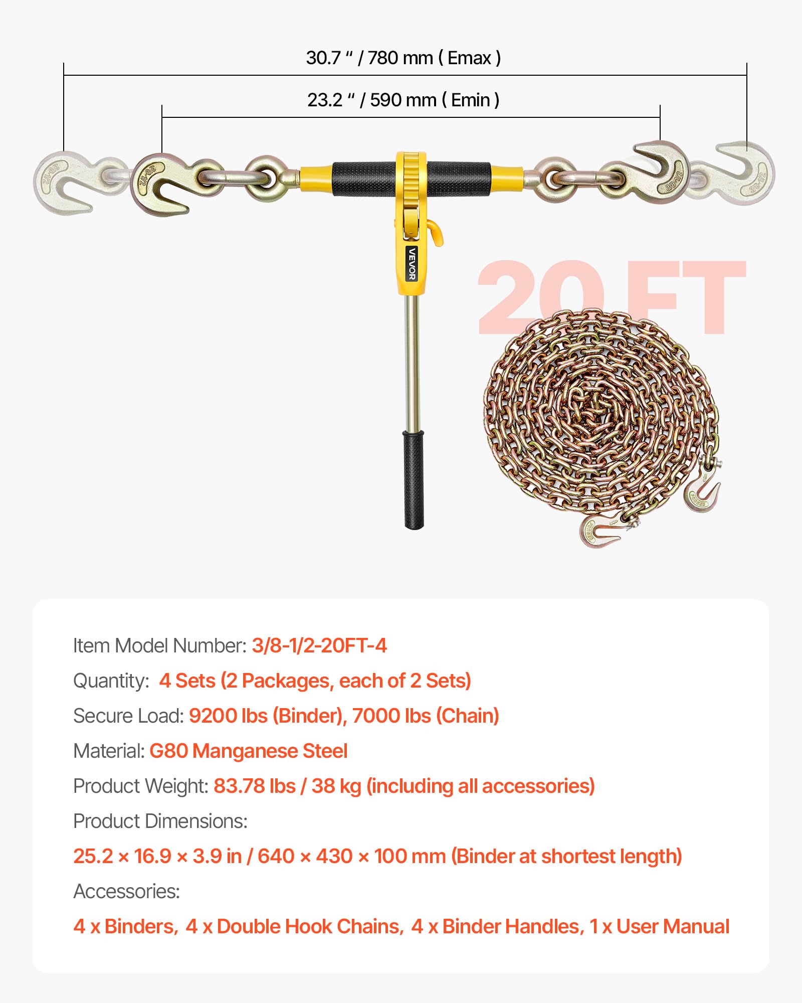 VEVOR Tensor de Trinquete con Cadenas G80 de 10 mm x 6,1 m, Kit de Cadenas y Tensores 4 Piezas Tensores de Cadena de Amarre Carga de Trabajo de 4173 kg para Transporte, Remolque, Rala y Elevación