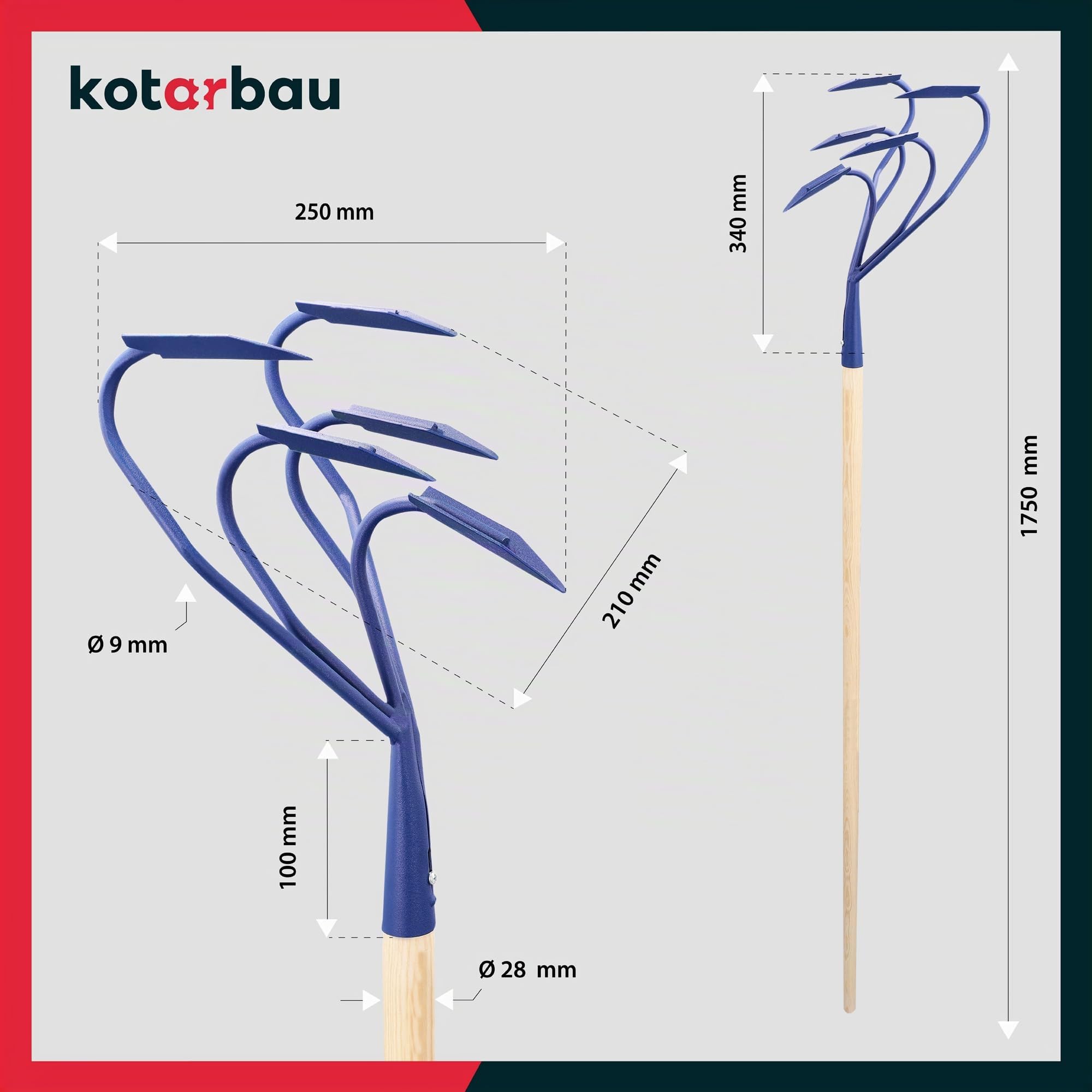 KOTARBAU® Cultivateur à Main avec Tranchants Griffe de Jardin en Acier avec Manche en Bois 175 cm Pioche de Jardin avec 5 Dents Râteau à Fleurs Accessoire de Jardinage Outil de Jardinage