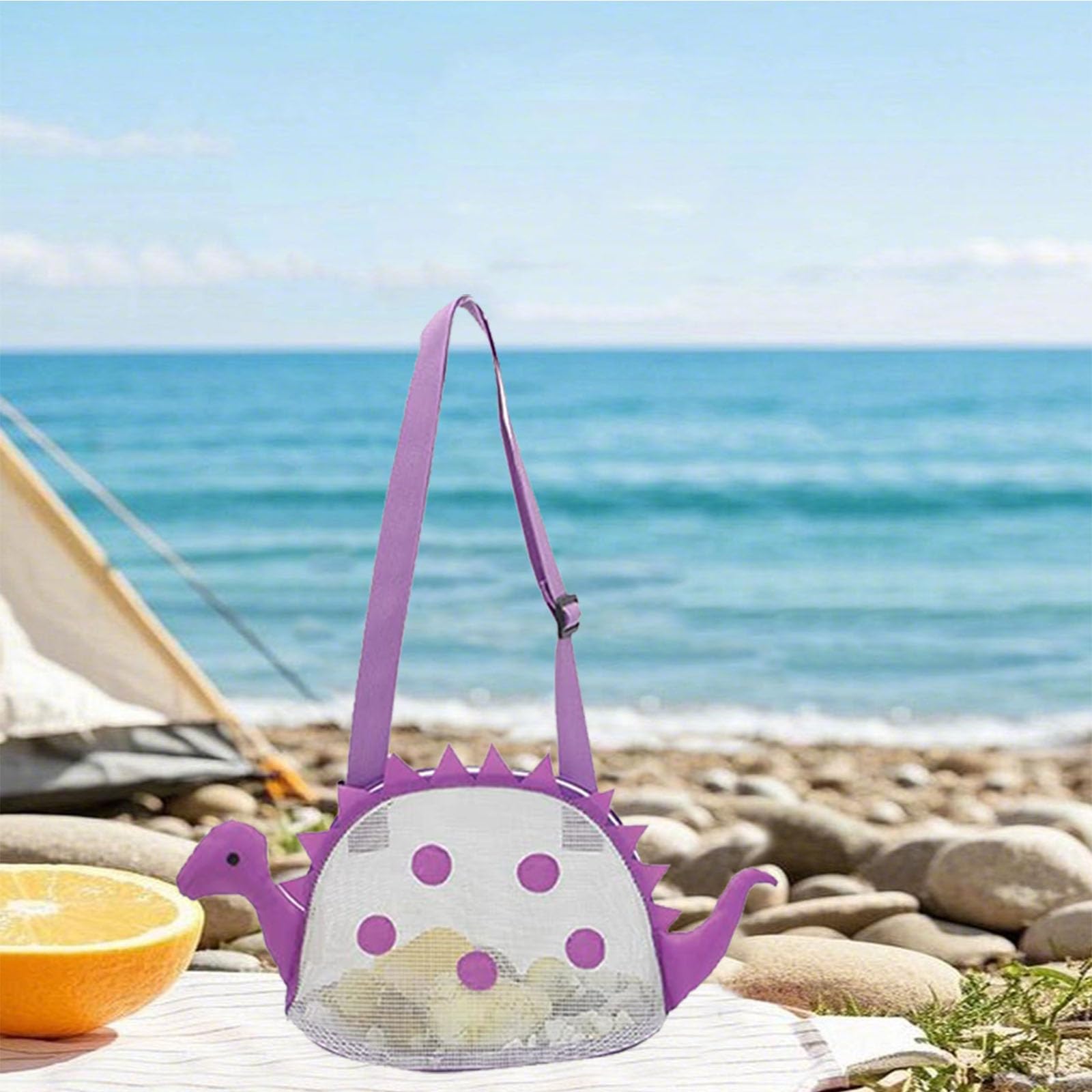 AUON Bolsa de playa de malla para niños, bolsa de conchas de dinosaurio, playa, arena, juguetes para sostener conchas, juguetes de playa, juguetes de arena, accesorios de natación para niños y niñas
