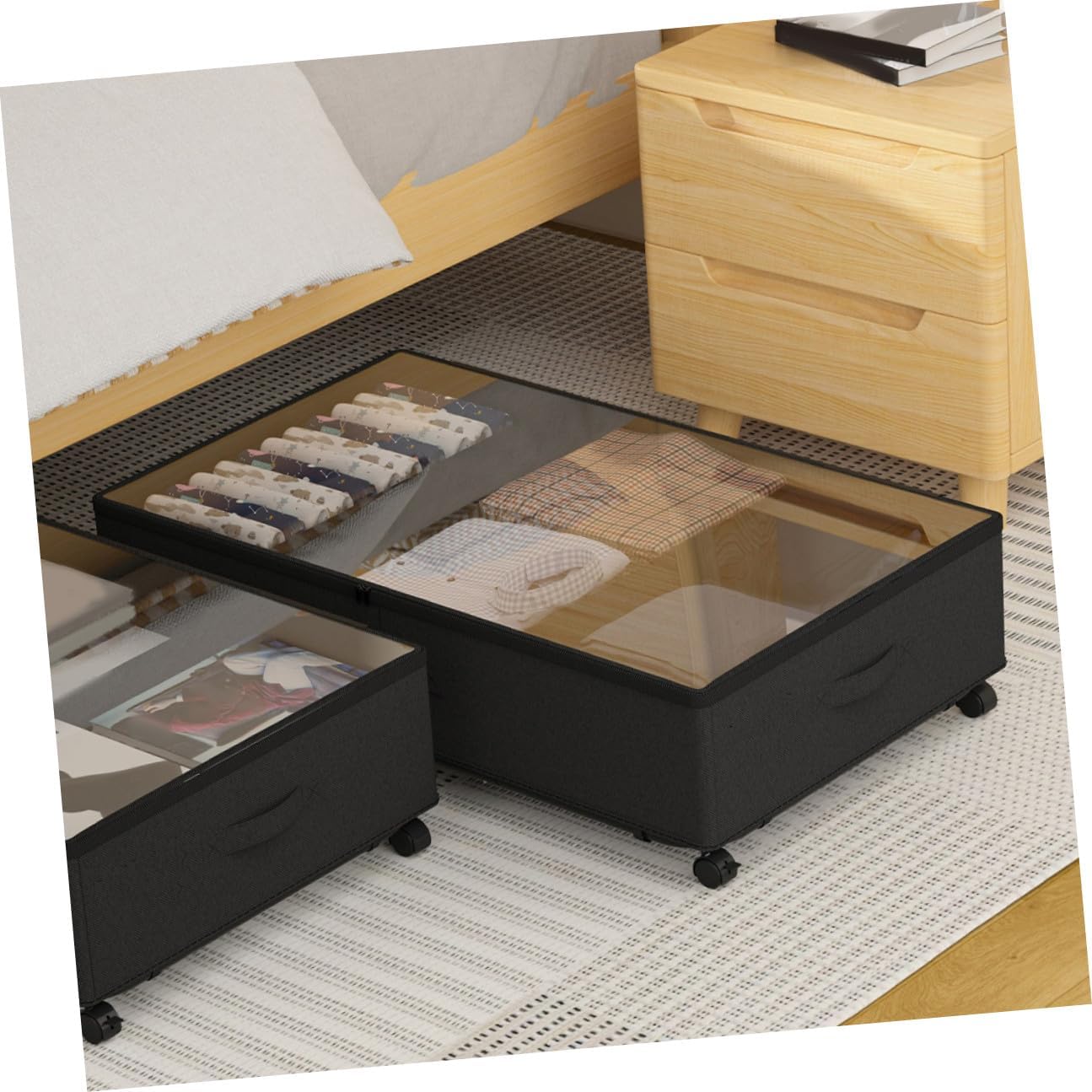 Bed Clothes Organizer with Wheels, Oxford Fabric 3-compartment Storage Bin, Large Capacity Zippered Underbed Storage Case for Clothing, and Bedding, Dustproof Black