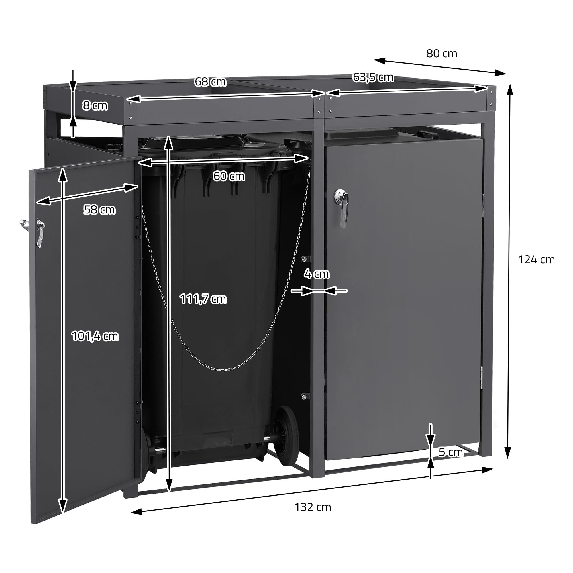 ML-Design Copribidone per Spazzatura con Tetto a Fioriera per 3 Cestini 240L 200x80x124 cm Antracite Acciaio Resistente alle Intemperie Contenitore per 3 Pattumiere Copri Bidone per Rifiuti