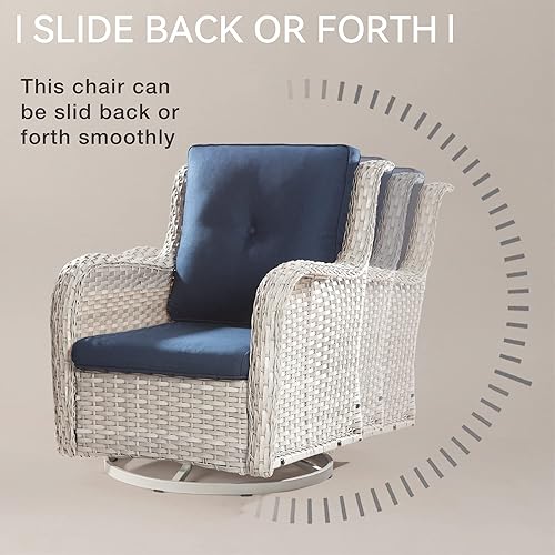 Miniatura 5 de Joyside Juego de 2 sillas giratorias para patio al aire libre y mesa auxiliar a juego, juego de 3 piezas de mimbre para patio con cojines de tela