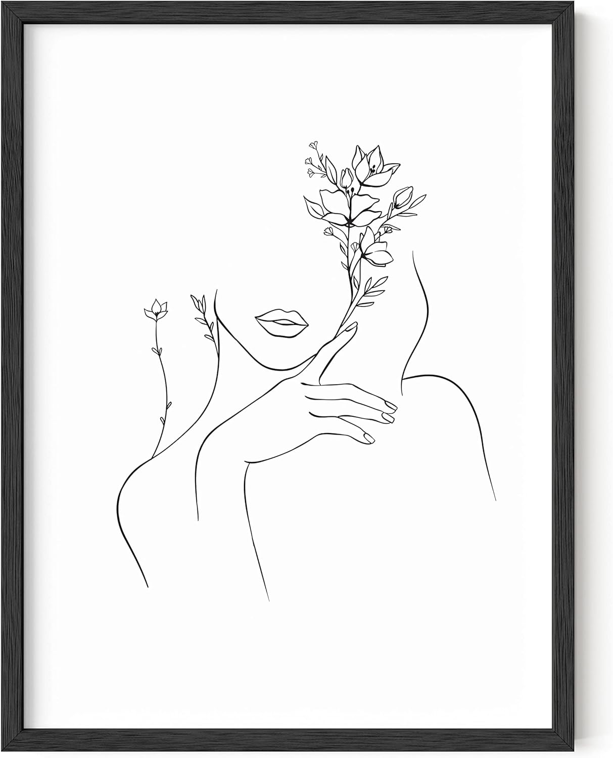 HAUS AND HUES Black and White Prints Line Art Line Art Wall Decor Minimalist Wall Art for Women, Line Drawings Minimalist Silhouette Wall Art Female UNFRAMED 12” x 16” (Woman with Flower)