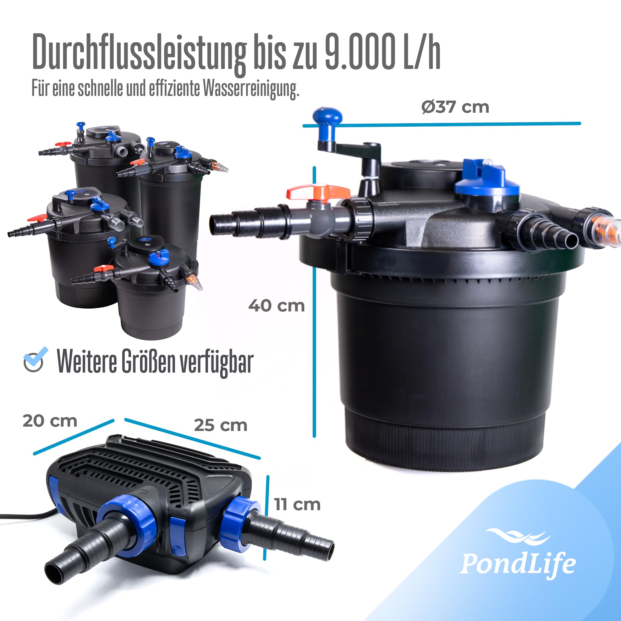 Pondlife Teich Filteranlage Set 14, Druckfilter CPF-5000 mit UVC Klärer für Teiche bis 8.000 Liter, 9.000L/h Durchfluss, energiesparende Pumpe CTF-B 2800 inkl. 10m Schlauch