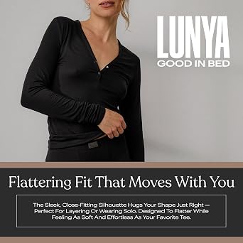 Lunya Soft Modal Ribbed V Neck Long Sleeve Tops for Women - Two-Button Snap Closure - V Neck Long Sleeve Shirts for Women