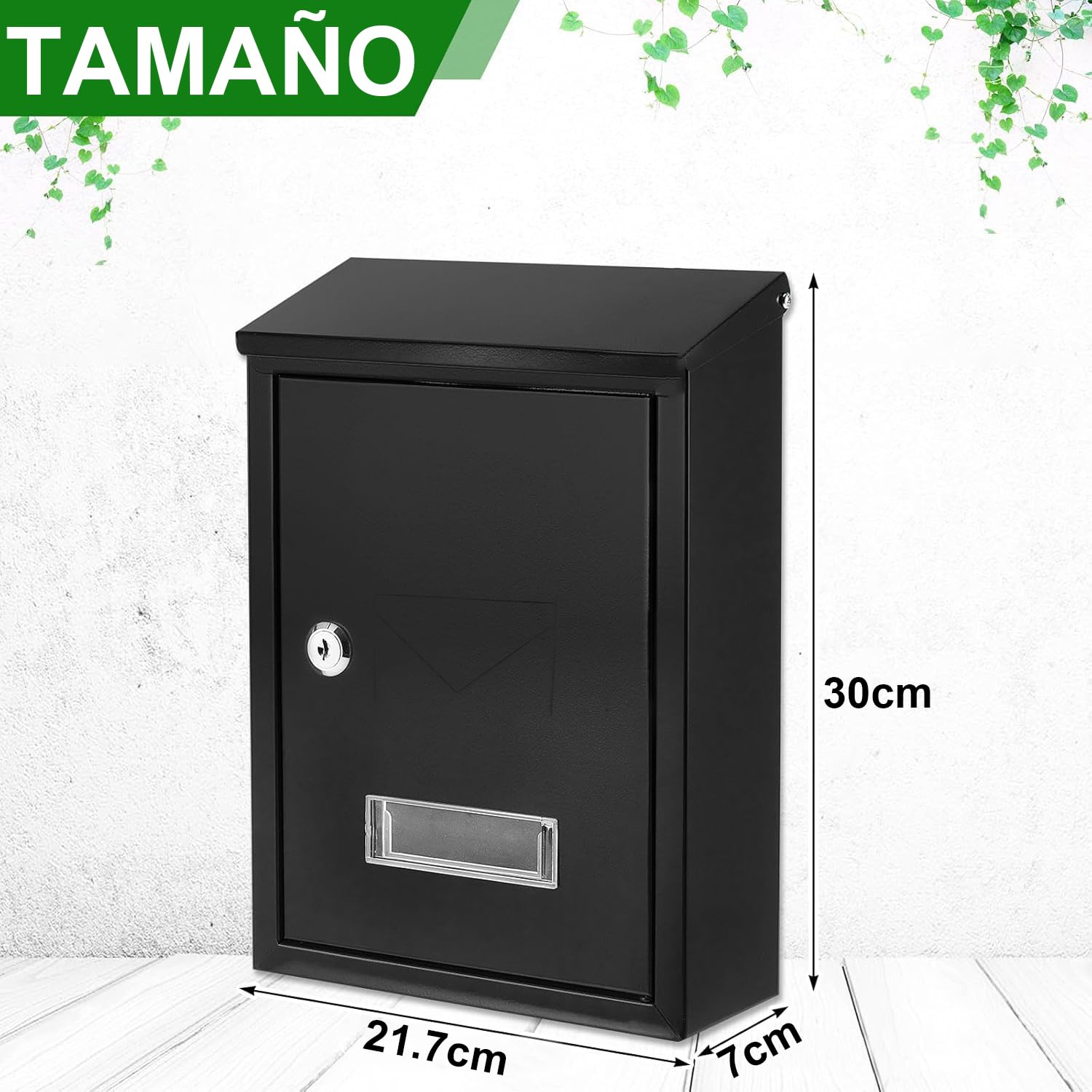 Buzón de Pared Correo con Tapa Antilluvia, Buzón de Exterior de Metálico con Cerradura y Llaves, Buzón Impermeable de Gran Capacidad para Cartas, Fácil de Instalar (30x21.7x7cm, Negro)