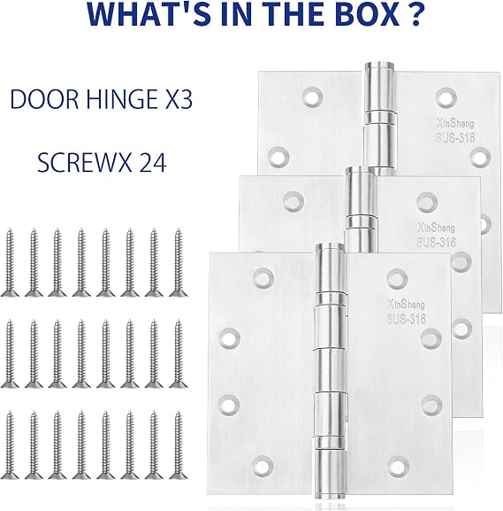 4.5 316 Marine Grade Door Hinges XINSheng Heavy Duty Exterior 3 Pack | Ball Bearing Design | 220 LBS Capacity | Security Pin | Coastal & High-Salt Resistant | Perfect for Outswing Doors & Gates