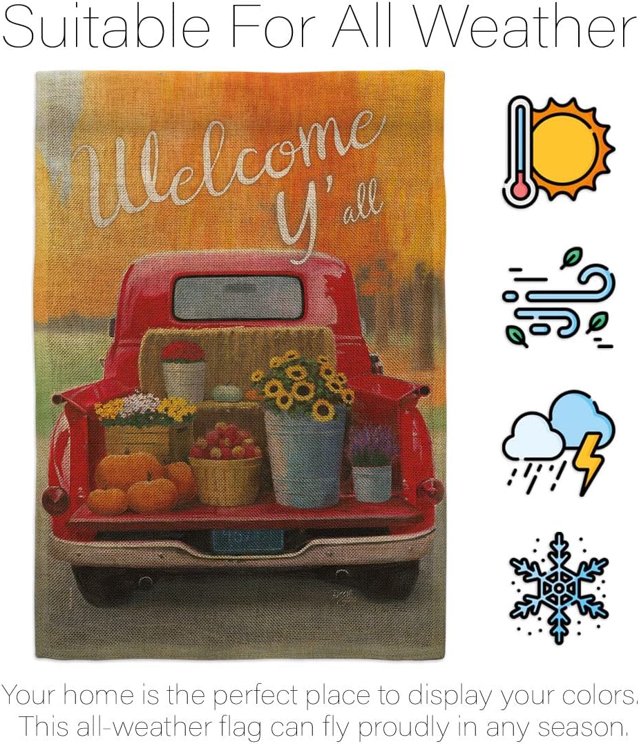 Welcome Harvest Truck Garden Flag - Set Wall Holder Fall & Autumn Scarecrow Pumkins Sunflower Leaves Season Autumntime Gathering - House Banner Small Yard Gift Double-Sided Made In USA 13 X 18.5