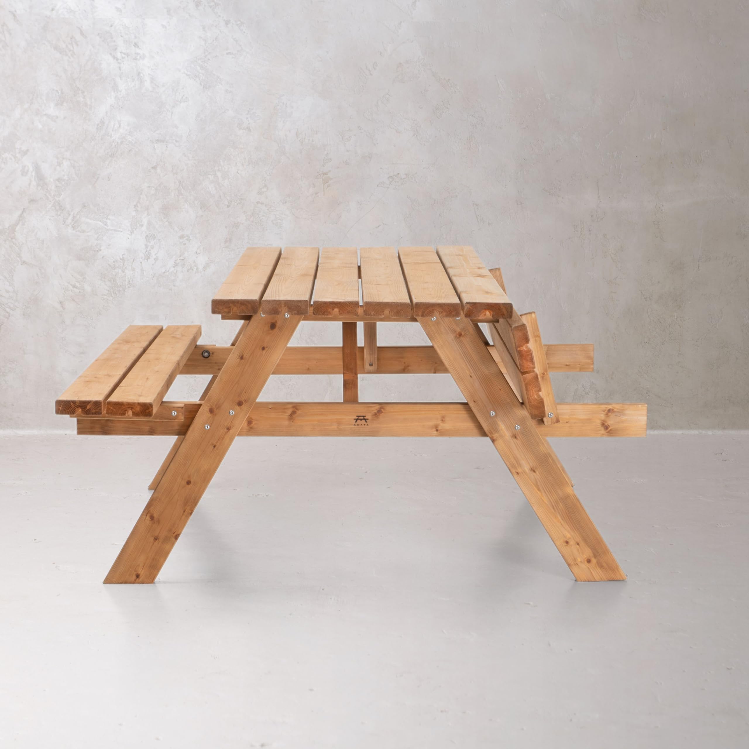 AMATA Mesa de picnic de diseño clásico con asientos plegables, colección UNGURS, mesa de picnic de madera resistente a la intemperie para exteriores, perfecta para jardín y patio (avellana oxidada)