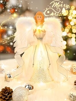 Plug in Angel Tree Topper with Lights, Christmas Tree Decorations, White