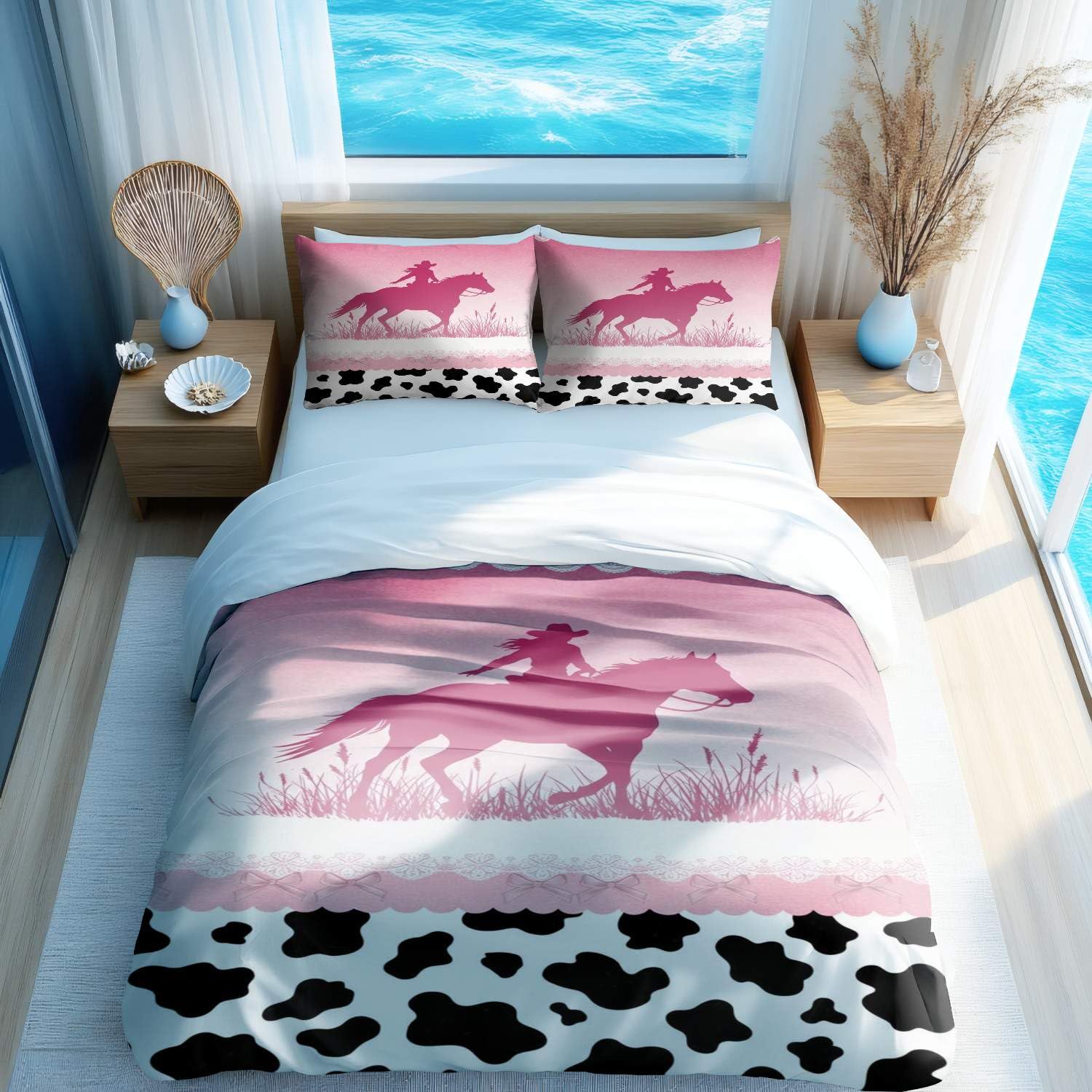Housse de couette motif silhouette de cowgirl rose 3 pièces parure de lit grand lit King ado