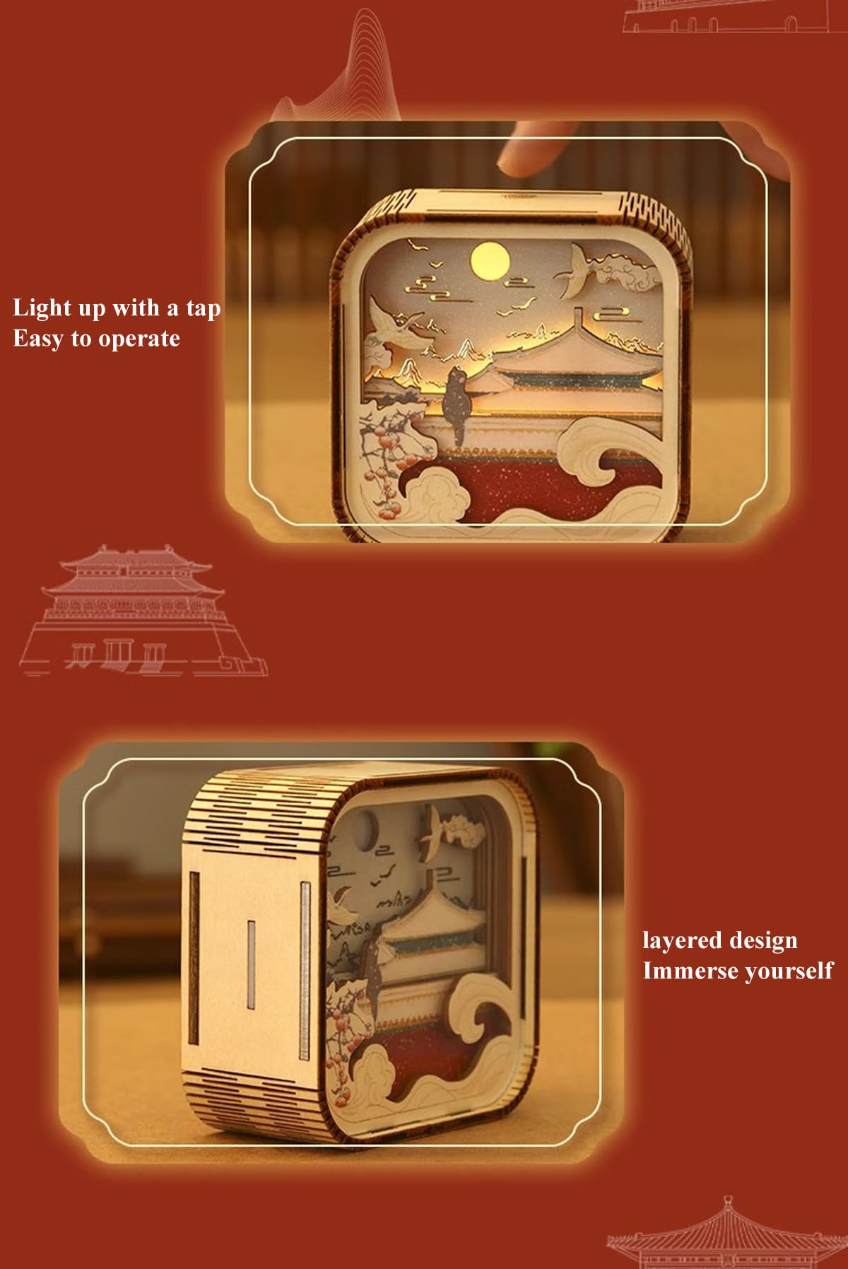 Luz nocturna de madera, el gato de la Ciudad Prohibida espera la nieve, luz de ambiente de dormitorio, luz nocturna de madera para acompañar la luz de dormir, luz de tallado de madera simple