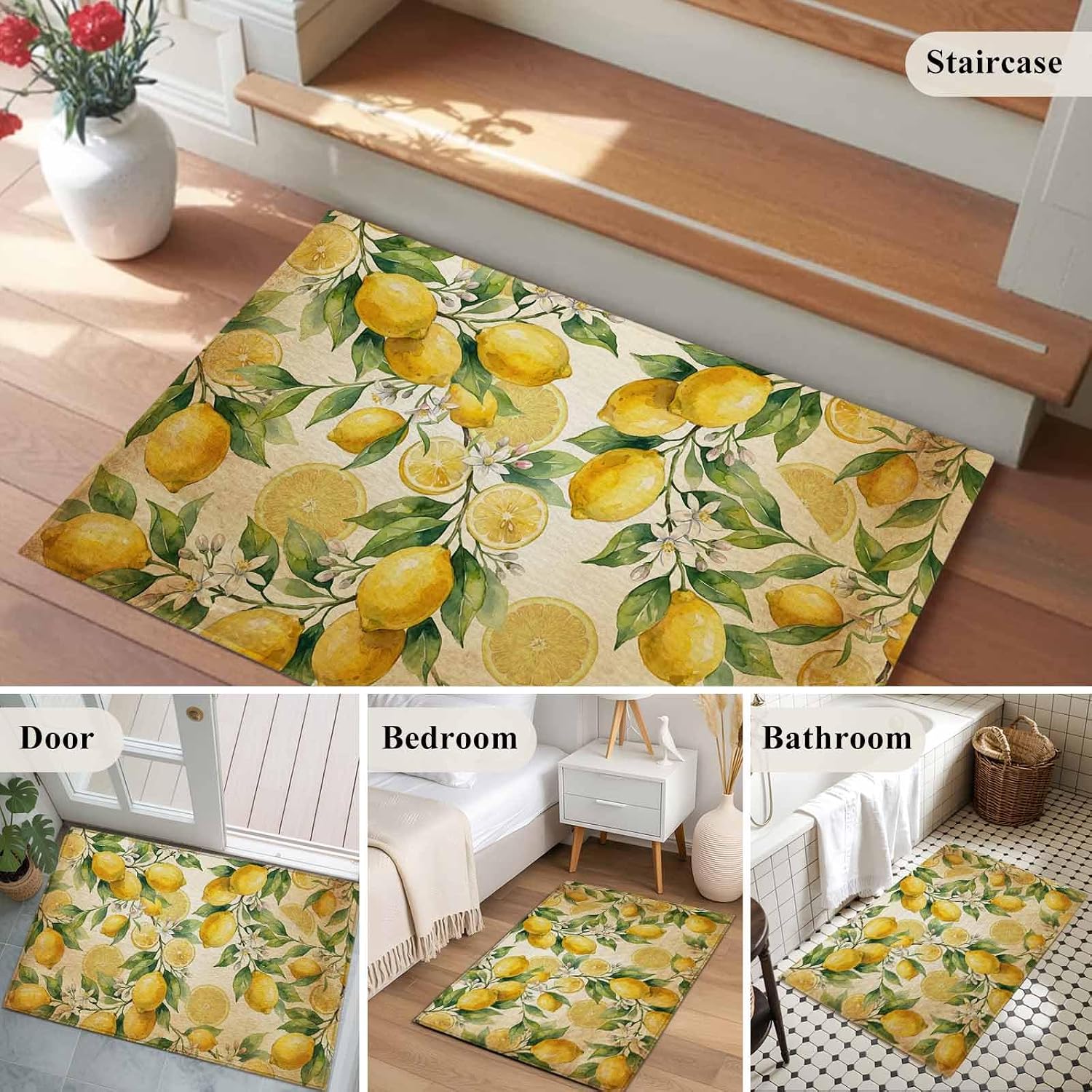 Lemon Bathroom Rug Washable 2x3 Entryway Rug Non Slip Farmhouse Vintage Front Door Mat Low Pile Indoor Doormat Summer Retro Fruits Yellow Brown Throw Floor Carpet for Kitchen Bedroom Entrance