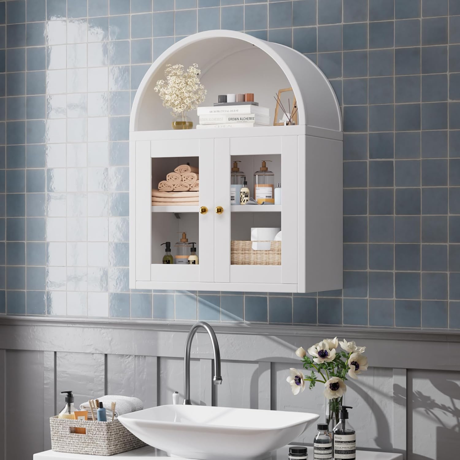 Metal Arched Bathroom Wall Cabinet,Arched Medicine Cabinet with Glass Door and Adjustable Shelf,Requires Assembly(White) White Wall Cabinet