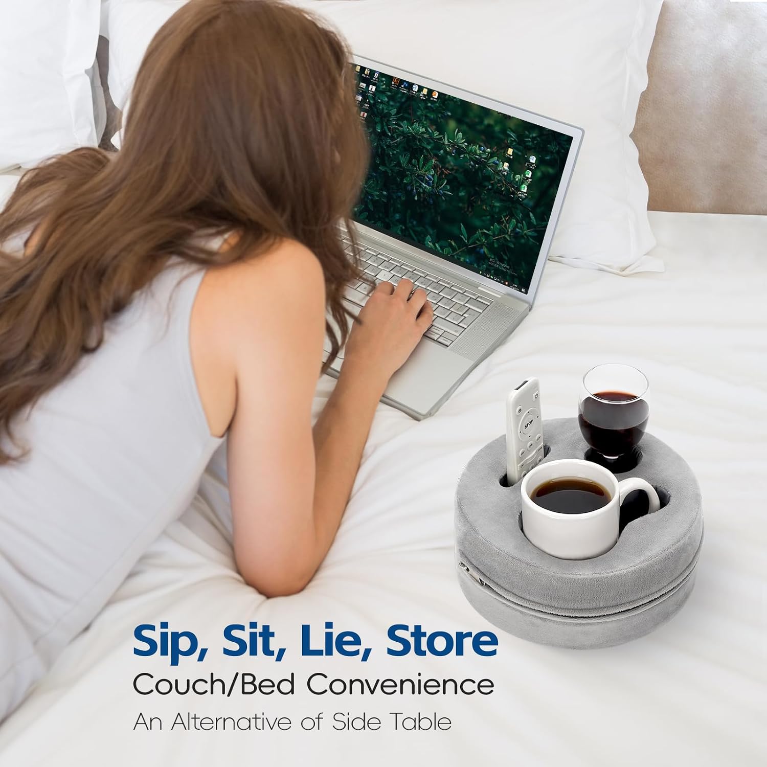 G GOOD GAIN Couch Cup Holder Pillow for Sofa, Bed, Car, Boat, RV, LightGrey image 3