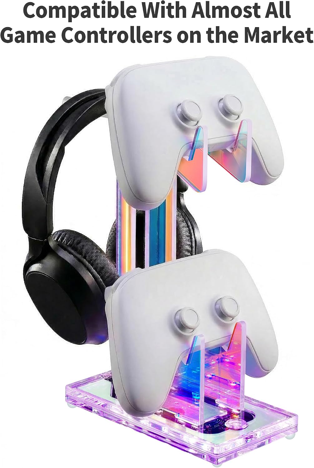 NiHome Iridescent LED Lighting Acrylic Multi-Tier Game Controller Holder & Headset Stand, USB-Powered 7 Colors & 3 Modes, Anti-Slip Gaming Accessories for Desktop, Cable Management (2 Tiers)