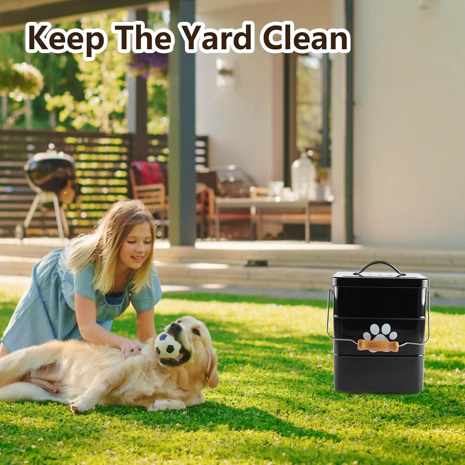 Metal Dog Poop Trash Can Outside,1.5Gal/6L Dog Waste Trash Can with Lid/Filter/Handle,Pet Waste Container Bucket with 75 Trash Bags-Black