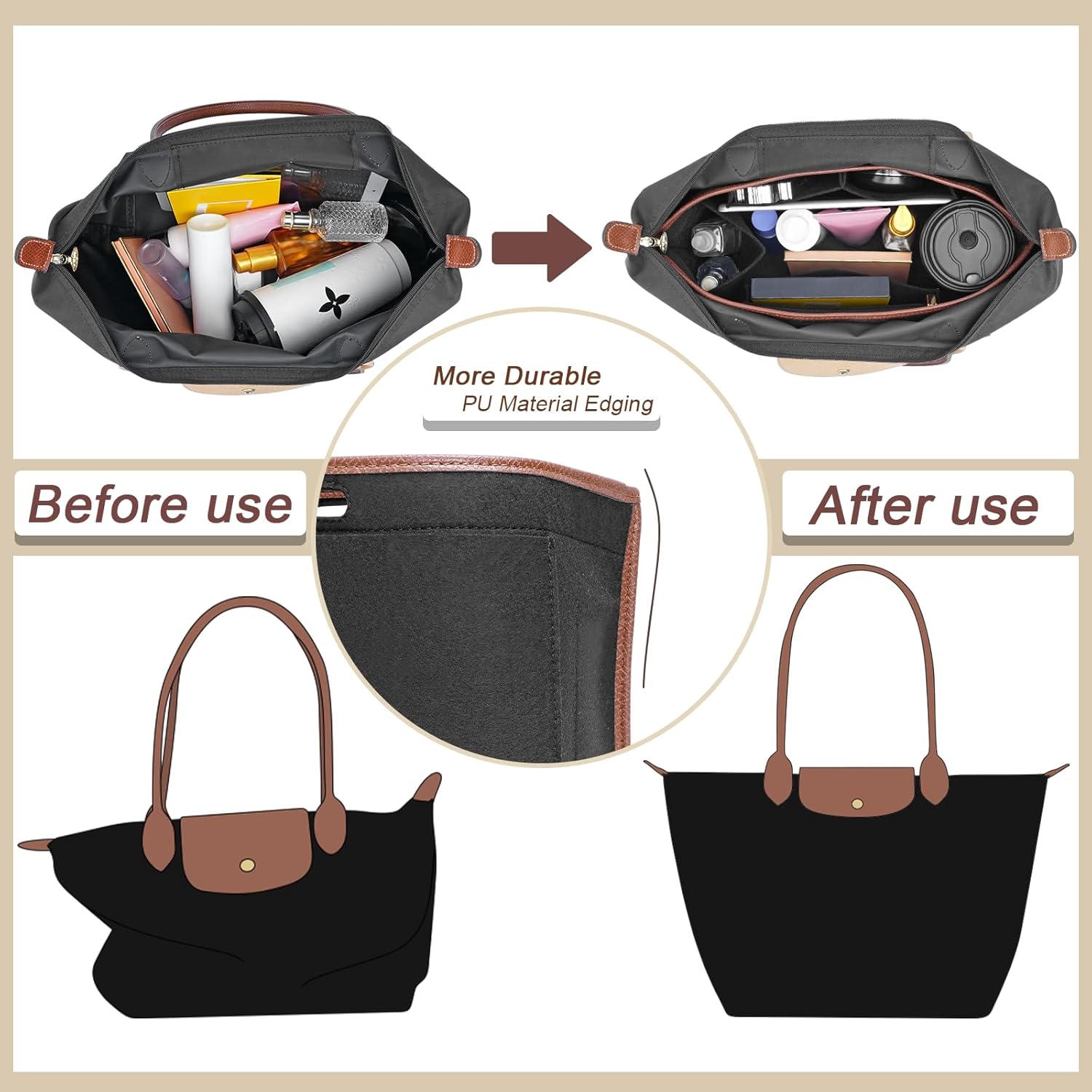 Felt Purse Organizer Insert for Longchamp Le Pliage L Bag Handbag Leather edge Longchamp Organizer Insert (Black, Large) - Image 3