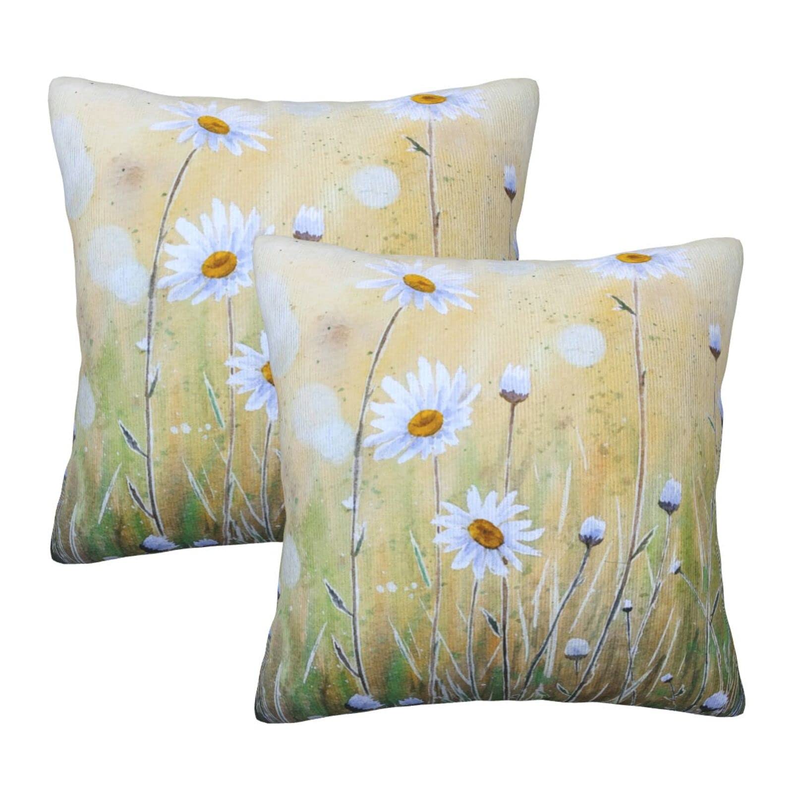Set di 2 federe per cuscino rustiche con margherite per bambini, ragazzi e ragazze, con pittura a olio marrone e bianco, motivo: farfalle, fiori e foglie, stile vintage, 40,6 x 40,6 cm