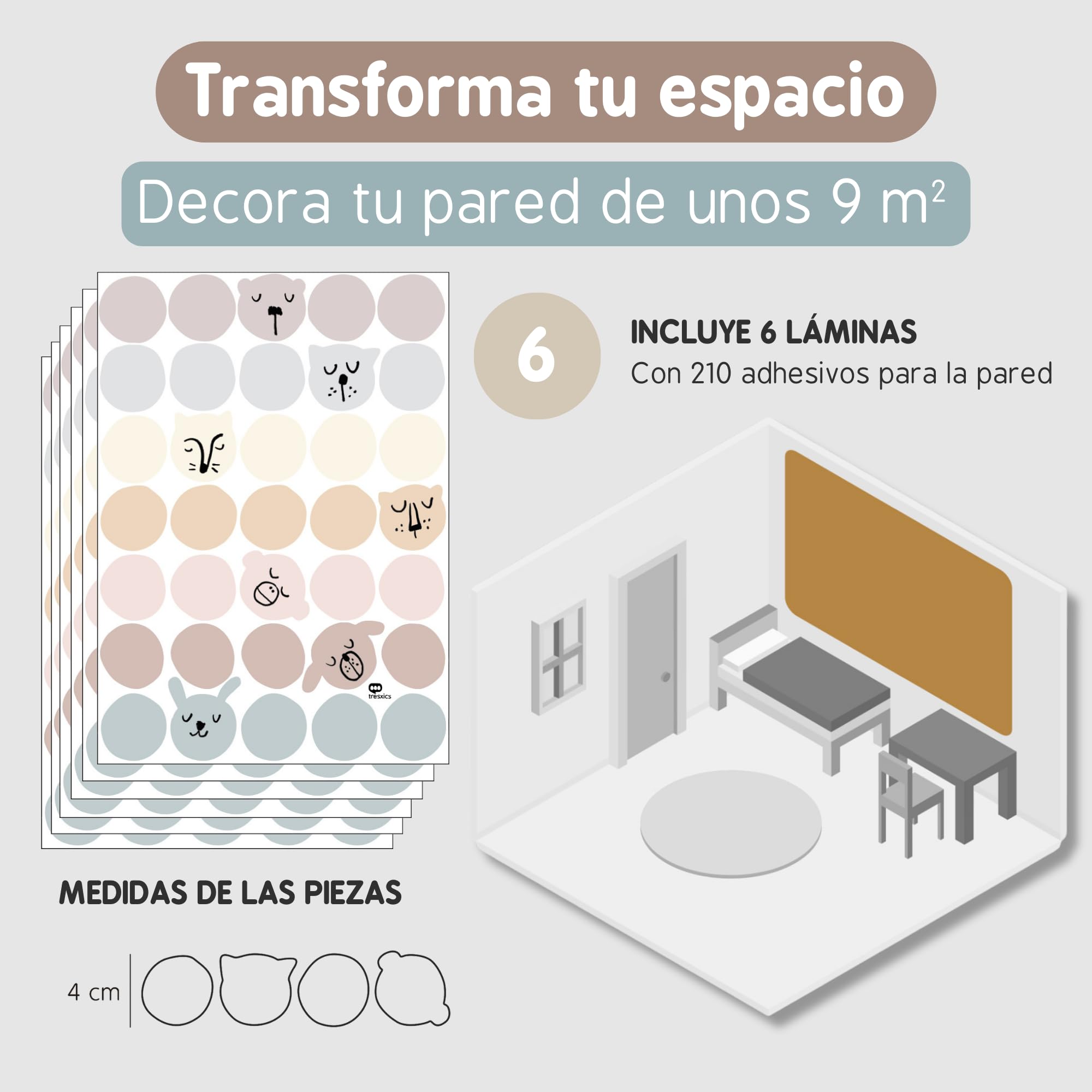 Pegatinas Pared Decorativas Infantiles Caras Animales | 6 Láminas, 210 Topos Adhesivos | Vinilo Adhesivo Pared | Efecto Papel Pintado | Cubre 9 m² | TRESXICS (Pastel)