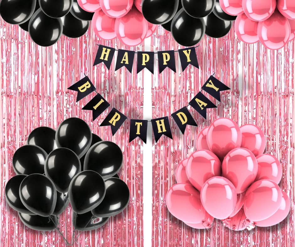 Flyloons Birthday Decoration items for Girls with Black and Pink Balloons, Black Happy Birthday Banner, Pink Foil Curtain-image-26