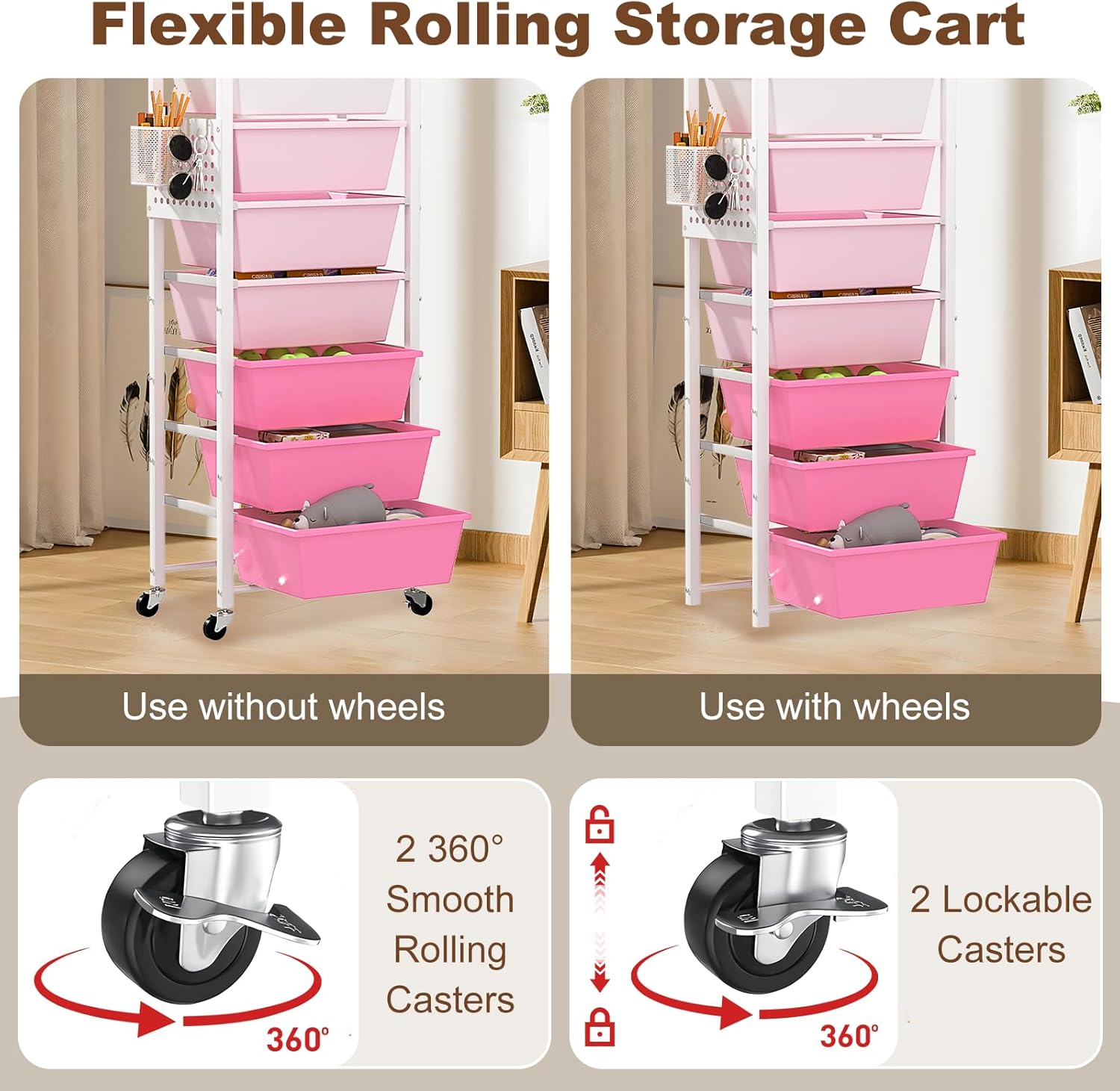Rolling Cart with Drawers, Rolling Storage Cart with Large Plastic Drawers & Wooden Tabletop, Utility Cart with Pegboards & Basket, Storage Drawers Cart for Living Room, Classroom, Bedroom, Office