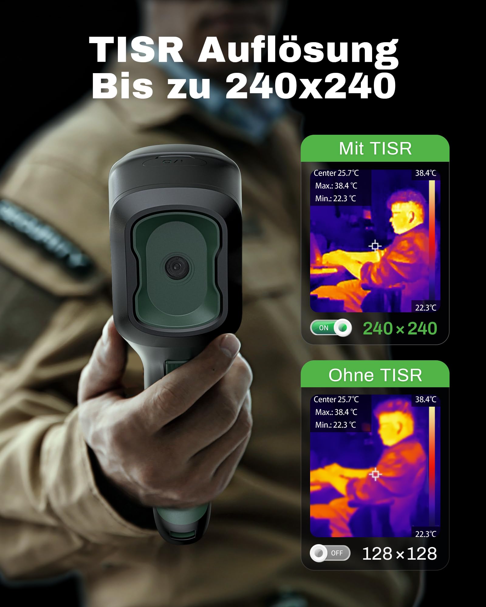 AMPBANK Wärmebildkamera 240x240 TISR-Auflösung, 24-Stunden Akkulaufzeit Handheld Thermal Imaging Camera mit 25Hz Bildwiederholrate, -20℃ bis 450℃, Temperaturalarm, H128 Kompakte Thermal Camera