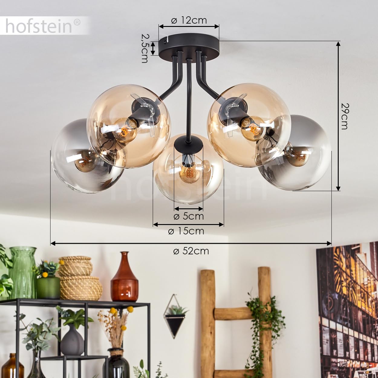 Plafoniera Gastor, lampada da soffitto in metallo/vetro nero/ambra/trasparente/fumo/trasparente, design retrò/vintage con ombrelli in vetro (Ø 15 cm), 5 lampadine E27, senza lampadina