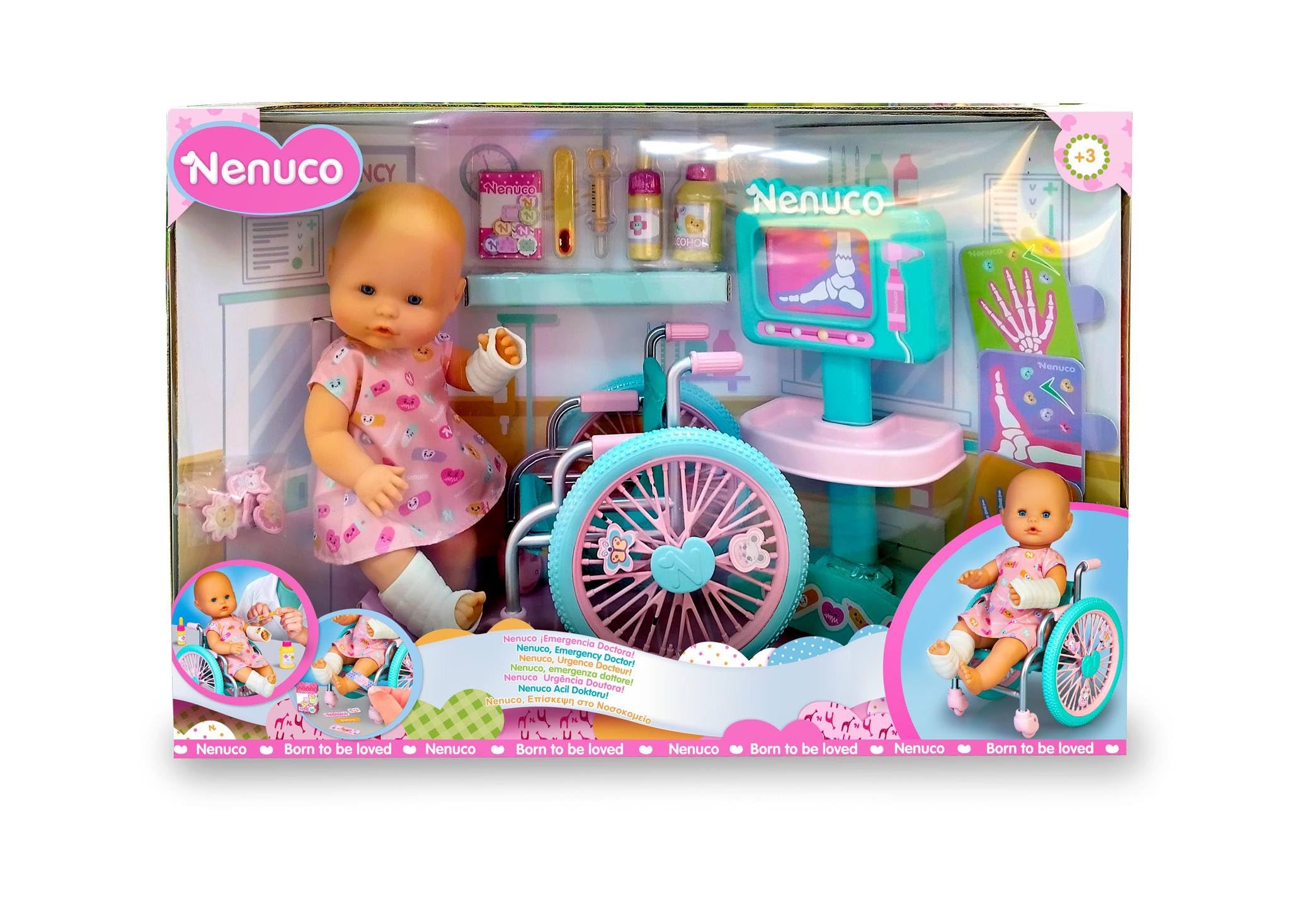 NENUCO - ¡Emergencia Doctora! Set de Juego, muñeco Bebe 35cm y Cuerpo Duro, con Accesorios para cuidar, radiografías, Silla de Ruedas y escayola, para niños y niñas Desde 2 años, Famosa (NFN63000)