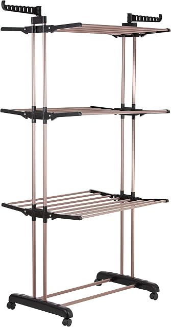 Tower T873004RGB Rose Gold 3 Tier Airer, Foldable Design, Non Slip Feet, 16 m Drying Space, Steel