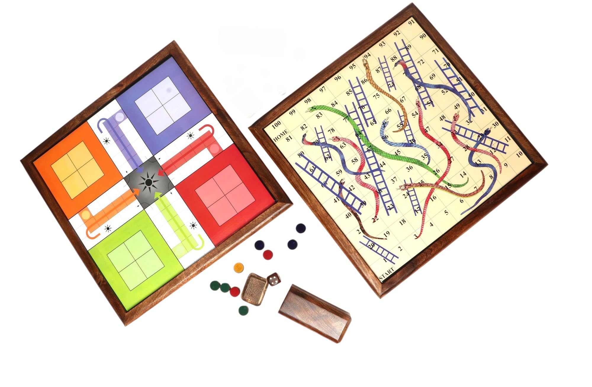 Wooden Ludo Snakes and Ladders Magnetic Travel Board Game with 16 Coins, 1 Dice & 1 Shaker/Storage Box for Adults, Kids and Family Best Item (Large 14 x 14 inches)