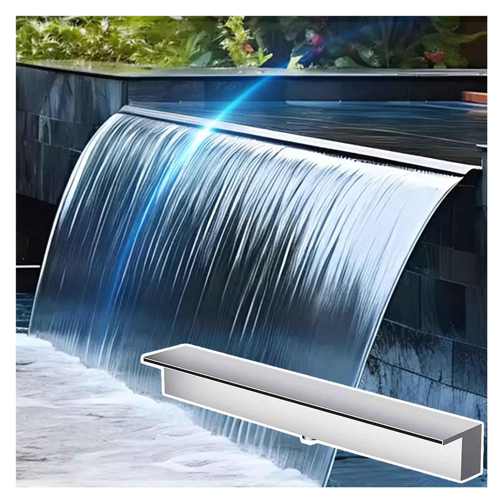 Beccuccio a cascata in acciaio inossidabile 304, rettangolare, per una facile installazione fai da te, grande fontana a cascata per laghetto all'aperto e giardino
