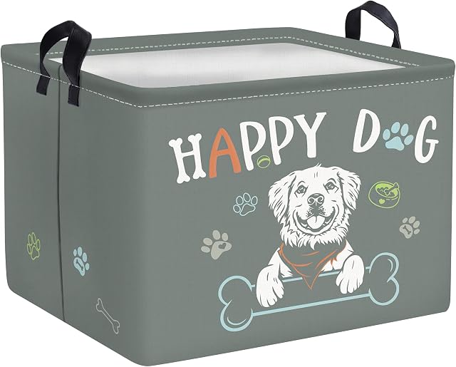 Clastyle Waterproof Grey Happy Dog Storage Baskets for Pets Toys Clothes, 15.7x11.8x11.8 in