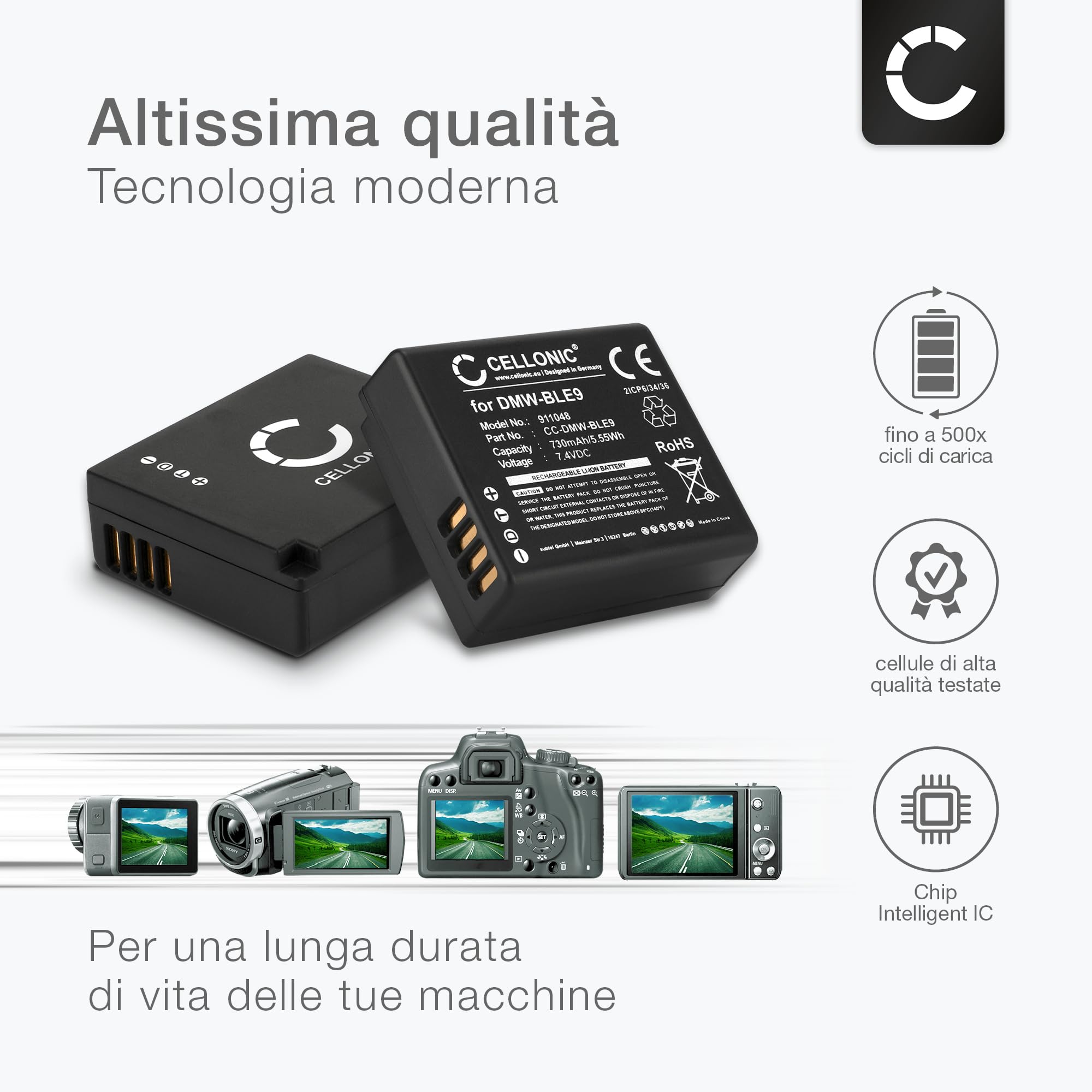 CELLONIC 2x Batteria per Fotocamera Compatibile con Panasonic Lumix DMC-LX100, Lumix DC-LX100 II, Lumix DC-GX9, DMW-BLG10 – (730mAh, 7.4V) + Caricabatterie Doppio