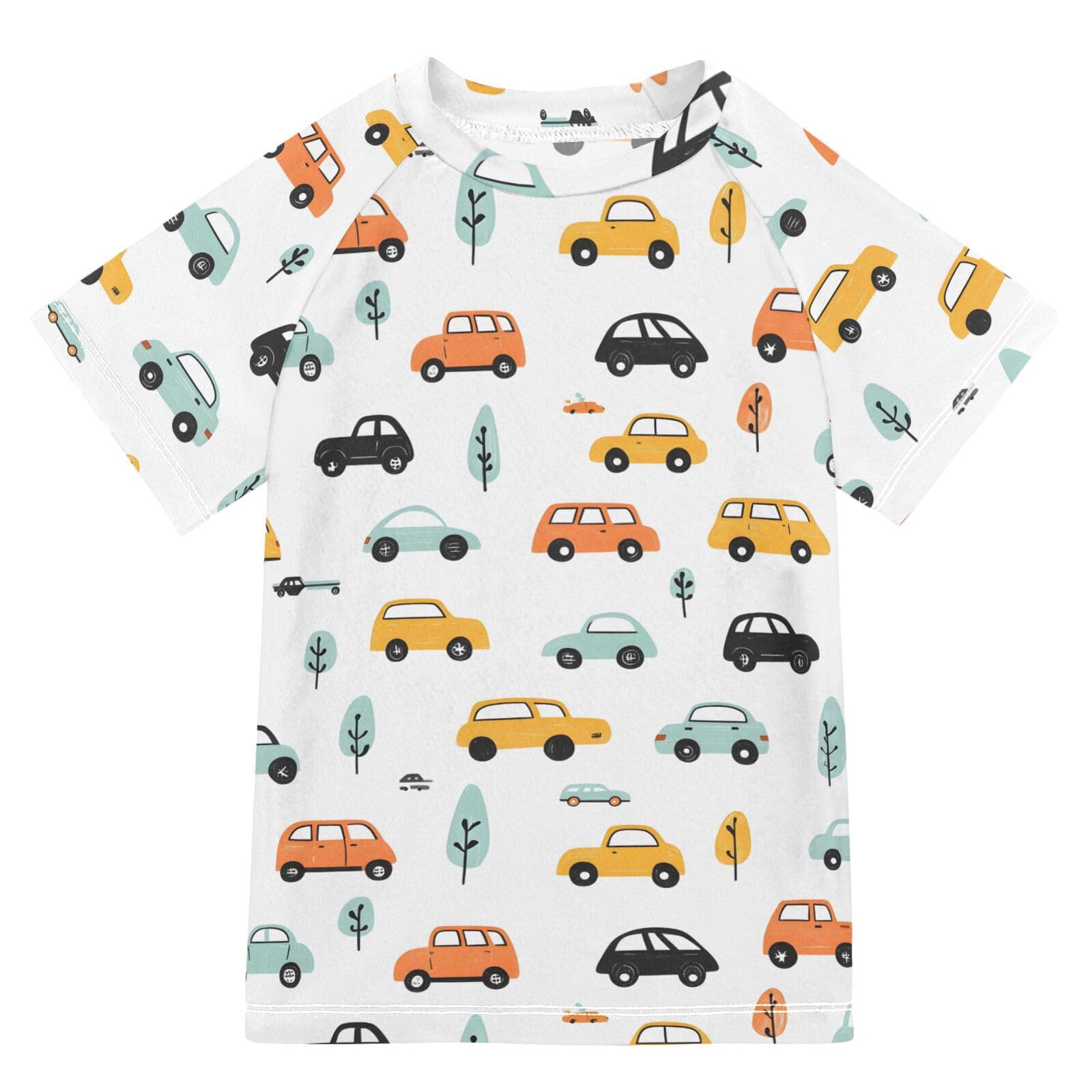 ALAZA Boys Swim Shirt Short Sleeve Rash Guard for Boys Girls UPF 50+ Cars Tree Print 9-10T