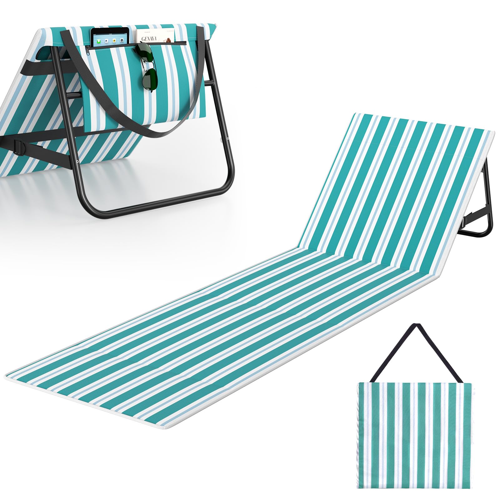 Folding Beach Sun Lounger 180x55cm, Beach Chair Mat Lounger with Adjustable Backrest, Lightweight Portable Garden Sunlounger Mat with Pocket & Shoulder Strap for Garden, Camping (Blue Stripes)