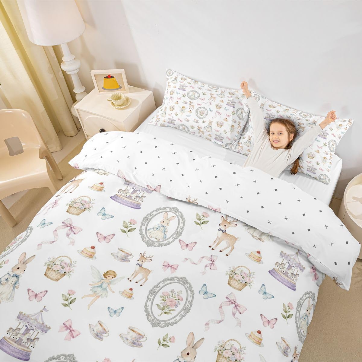 Fairy Tale Duvet Cover Set Twin Size,Rabbit Fairy Deer Bedding Sets 2Pcs for Kids Girls Boys Adult Room Decor,Carrousel Butterfly Comforter Cover Sweet Bowknot Quilt Cover,1 Pillowcase